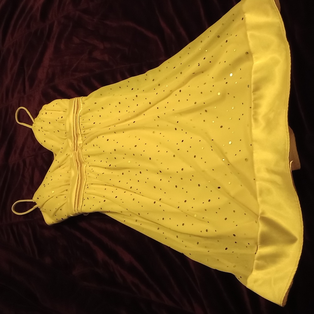 A yellow dress with silver sequence. Size small.